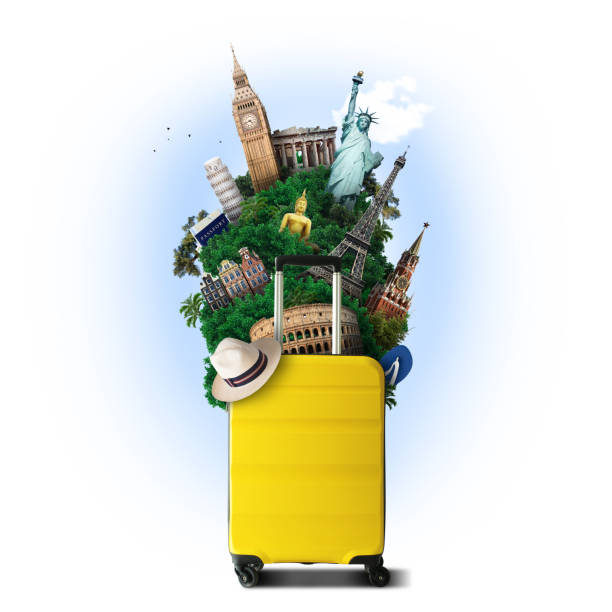 istock Yellow travel bag with world landmark 926636476