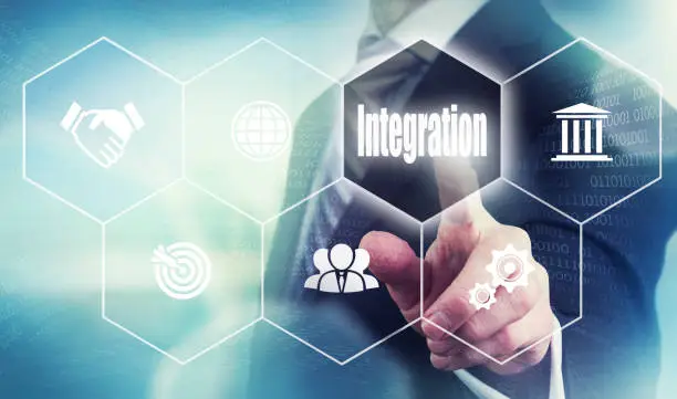 Photo of A businessman selecting a Integration Concept button