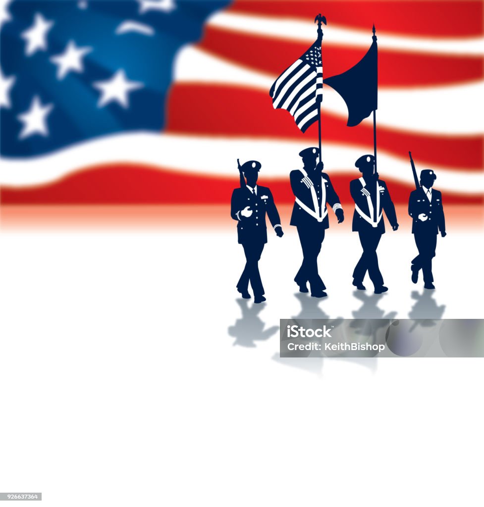 US Military Parade with Flag, Holiday Graphic silhouette illustration of a US Military Parade with American Flag, Holiday US Veteran's Day stock vector