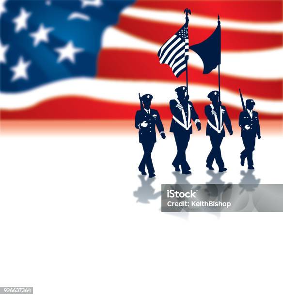 Us Military Parade With Flag Holiday Stock Illustration - Download Image Now - US Veteran's Day, American Flag, Flag