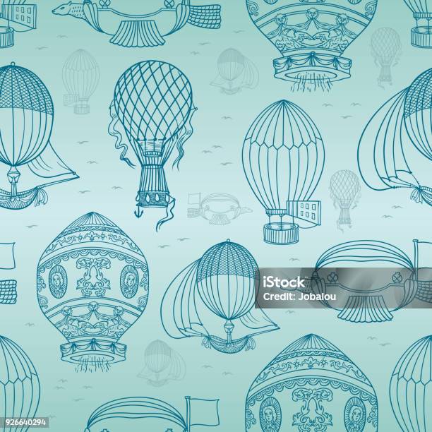 Doodles Ancient Hot Ballons Seamless Backgroung Stock Illustration - Download Image Now - Hot Air Balloon, Balloon, Wind