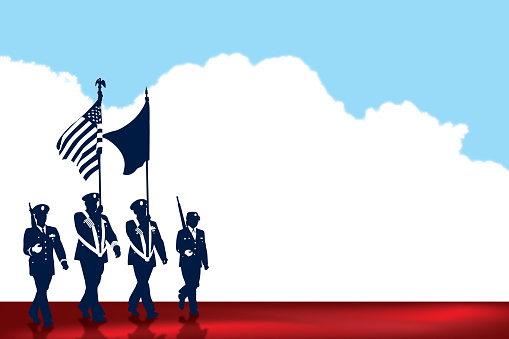 graphic silhouette background illustration of a US Military Parade Background, Holiday