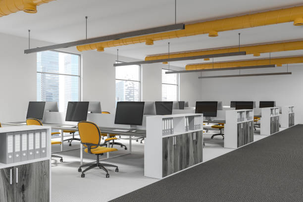 istock Wooden shelves in a white office corner, yellow 926644042