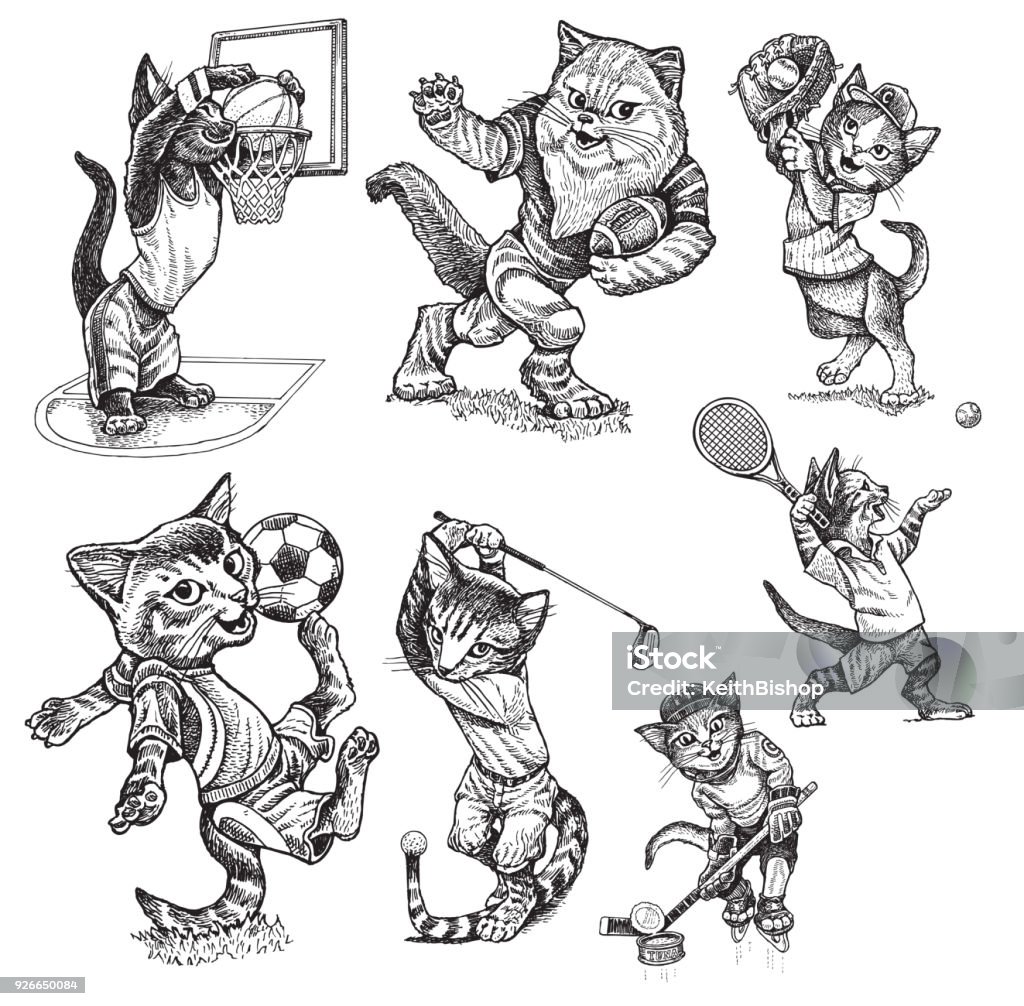 Cats Playing Sports, Football, Baseball, Soccer, Basketball Whimsical illustrations of Sports cats. Cats Playing Sports, Football, Baseball, Soccer, Basketball, Hockey, Tennis Soccer stock vector