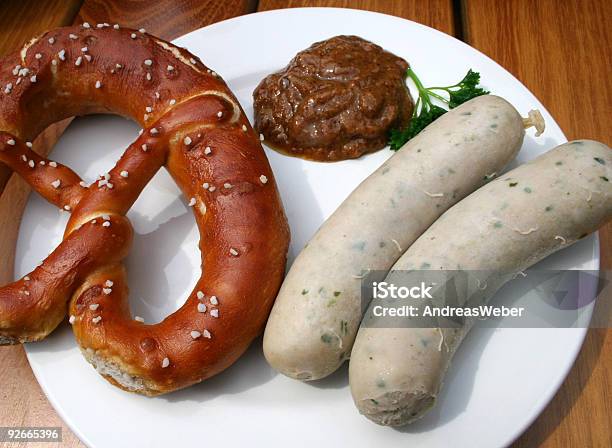 Weisswurst Pretzel Sweet Mustard Bavarian Veal Sausage Prezel Mustard Stock Photo - Download Image Now