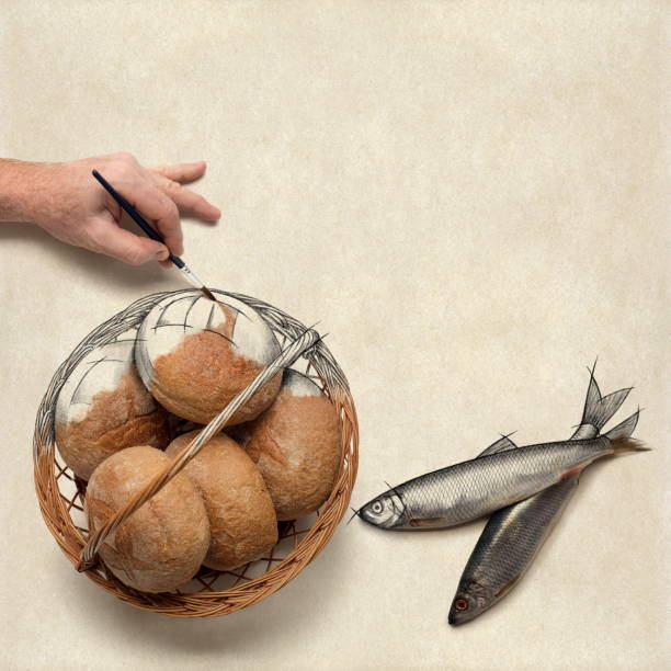 painting five small barley loaves and two small fish - miracle food imagens e fotografias de stock