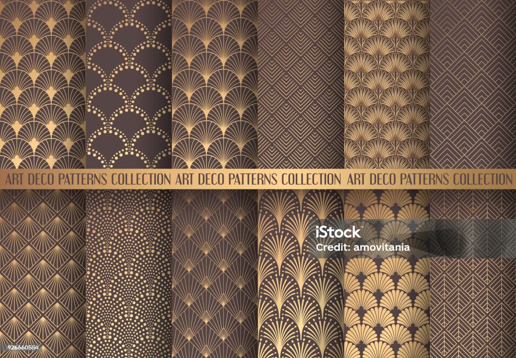 Art Deco Patterns Set Art Deco Patterns Set. Seamless golden backgrounds. Fan scales ornaments. Geometric decorative digital papers. Vector line design. 1920-30s motifs. Luxury vintage illustration Art Deco stock vector