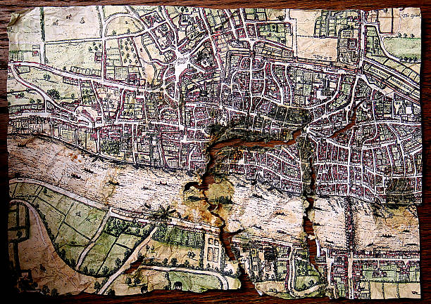 antigo mapa com a cidade de londres e rio tamisa - 17th century style imagens e fotografias de stock