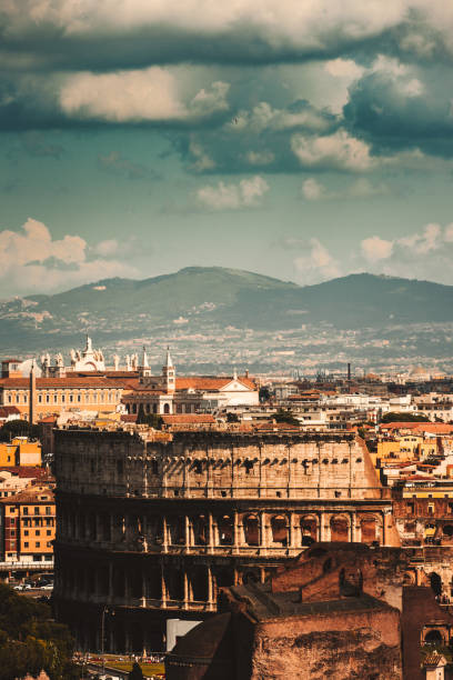 coliseum aerial view in rome - rome ancient rome skyline ancient imagens e fotografias de stock