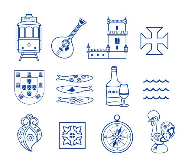 ilustraciones, imágenes clip art, dibujos animados e iconos de stock de icono de portugués sistema vector - vertebrate european cuisine seafood saltwater fish