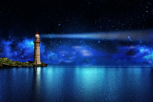 A lighthouse on a tropical island on the ocean with a beam of light in the night sky with stars