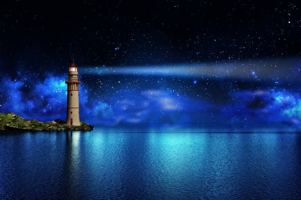 Safety and hope concept A lighthouse on a tropical island on the ocean with a beam of light in the night sky with stars star sky night island stock pictures, royalty-free photos & images