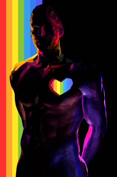 Man body with rainbow stripe on black BG Low poly male body and heart symbol shape on chest with rainbow stripe background gay males stock illustrations