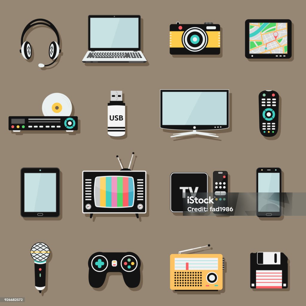 Technology and multimedia digital devices icons set Set of technology and multimedia gadgets and devices icons, flat style design. Vector illustration eps10 Television Industry stock vector