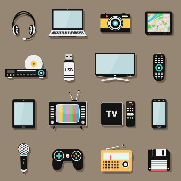 Technology and multimedia digital devices icons set Set of technology and multimedia gadgets and devices icons, flat style design. Vector illustration eps10 television industry illustrations stock illustrations