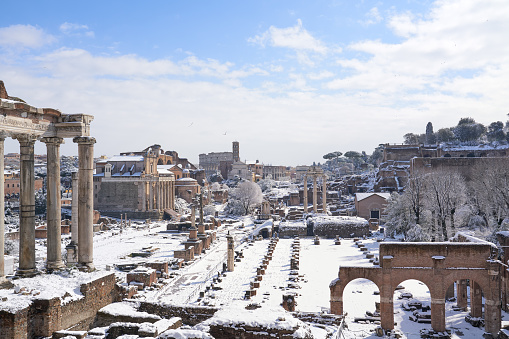 Ruins of Temple of Saturn, Arch of Titus, Temple of Vesta and Coliseum after heavy snowfall.