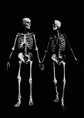 A couple of engraving skeleton in holding hand action illustration on dark monochrome color background