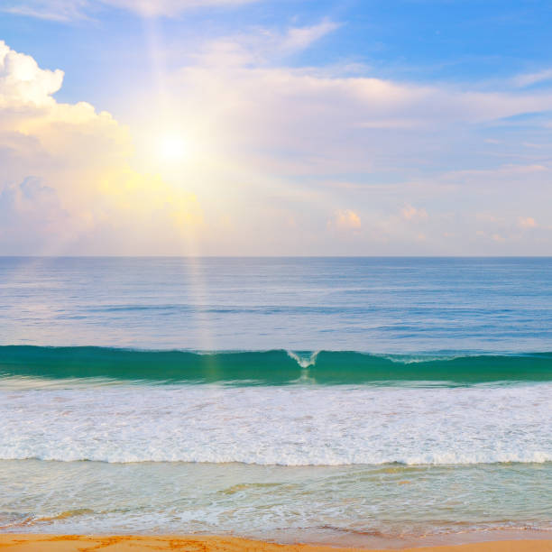 istock Beautiful seascape and sun on blue sky background. 926692860