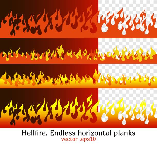 Hellfire, red flame elements for the endless border Hellfire endless horizontal planks. Red fire bars, old school flame elements for the endless border, isolated vector illustration flame silhouettes stock illustrations