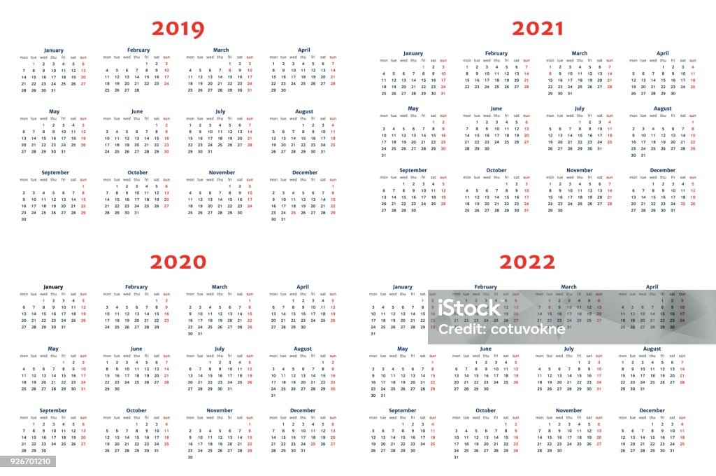 Calendario por años 2019-2022 en fondo transparente - arte vectorial de Calendario libre de derechos