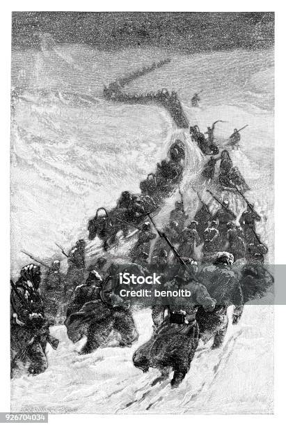 Army Marching In The Snow In Siberia Stock Illustration - Download Image Now - 19th Century, 19th Century Style, Adult