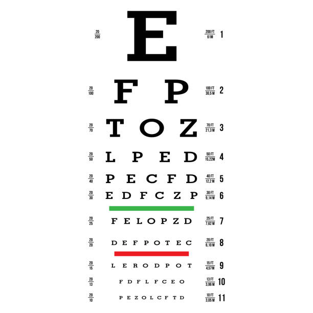 아이 테스트 차트 벡터입니다. 편지 차트입니다. 비전 시험입니다. 안과 검사입니다. 의료 눈 진단입니다. 시력, 시력입니다. 광학 검사입니다. 절연에 흰색 그림 - human eye eyesight optometrist lens stock illustrations