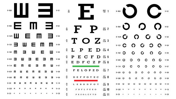 아이 테스트 차트 벡터입니다. 비전 시험입니다. 안과 검사입니다. 의료 눈 진단입니다. 종류입니다. 시력, 시력입니다. 광학 검사입니다. 절연에 흰색 그림 - 검사 보기 stock illustrations