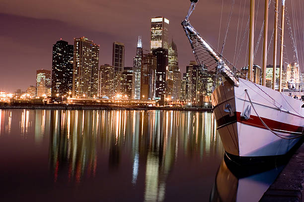Elevated View of Chicago Illinois USA Skyline and boats over Lake Michigan in the Summertime