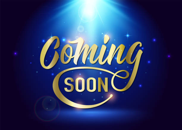 ilustrações de stock, clip art, desenhos animados e ícones de coming soon sign. promotion announcement banner with gold text - capital letter luxury blue image