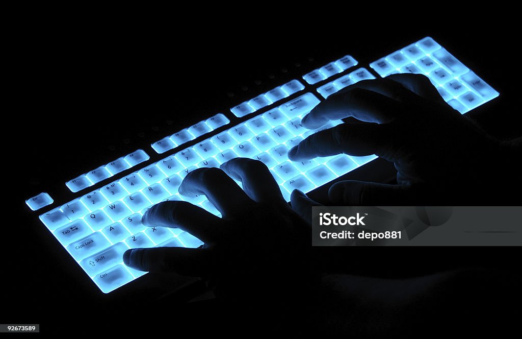 hands over luminous keyboard  Computer Keyboard Stock Photo