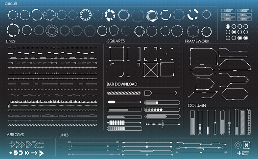 set of black and white infographic elements. Head-up display elements for the web and app. Futuristic user interface. Virtual graphic.