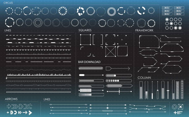 set of black and white infographic elements. Head-up display elements for the web and app. Futuristic user interface set of black and white infographic elements. Head-up display elements for the web and app. Futuristic user interface. Virtual graphic. design element stock illustrations