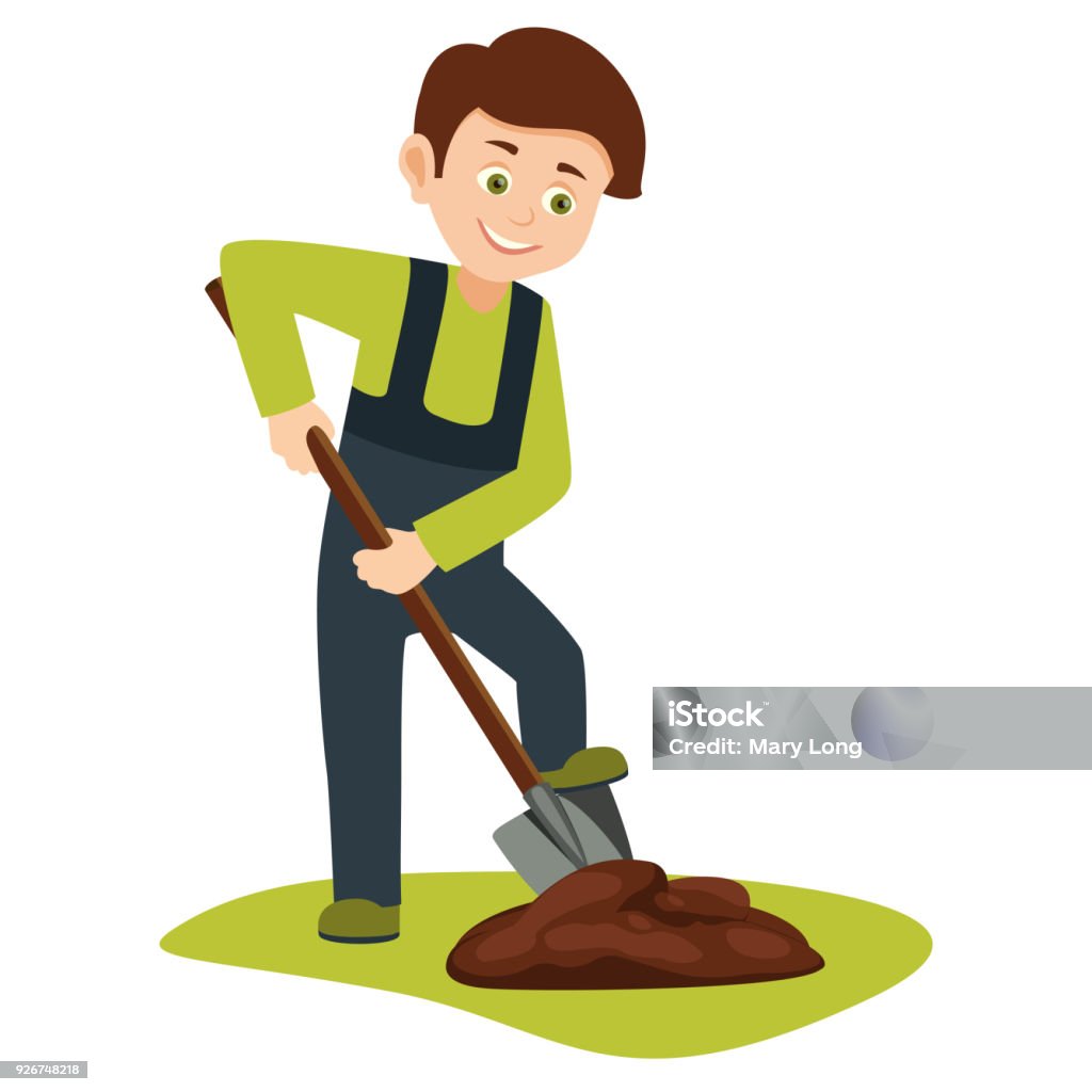 Hoạt Hình Cậu Bé Tình Nguyện Với Một Cái Xẻng Đào Đất Để Trồng Cây ...