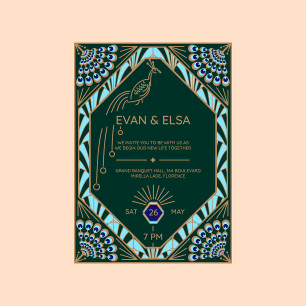 Wedding invitation vector template with peacock icon Wedding invitation vector template with peacock icon. Blue and green geometric art deco style card with abstract feathers. peacock stock illustrations