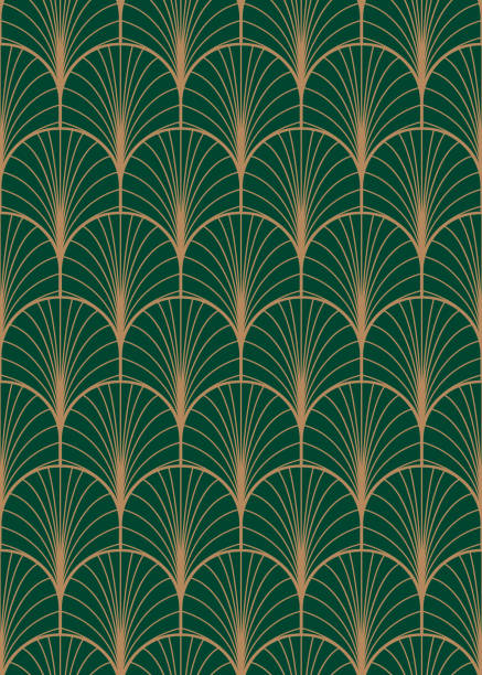 Art deco geometric seamless vector pattern. Art deco geometric seamless vector pattern. Gold and green peacock abstract feathers texture. emerald green stock illustrations