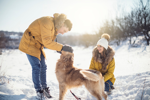 Love couple with dog having fun on snow