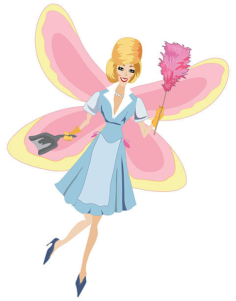 Retro 50's Style Housekeeping Cleaning Fairy Complete with Beehive Hairdo. 50's style housekeeping fairy complete with beehive hairdo. File includes AI Cs2, Ver 8 EPS and High-res jpeg. No gradients.  The fairy has a blonde beehive hair style with pink feather duster in her left hand and the dust pan in her right hand.  She has on a blue retro dress with pink and yellow wings. woman beehive stock illustrations