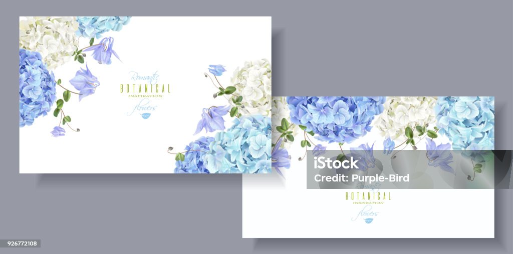 Hydrangea horizontal banners blue Vector horizontal banners with blue and white hydrangea flowers on white background. Floral design for cosmetics, perfume, beauty care products. Can be used as greeting card, wedding invitation Hydrangea stock vector