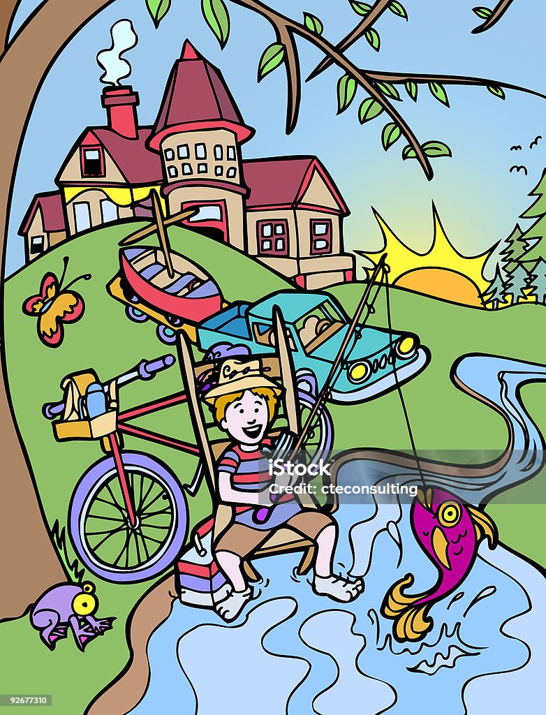 Niños aventuras: Pesca en el río - Ilustración de stock de Adulto joven libre de derechos