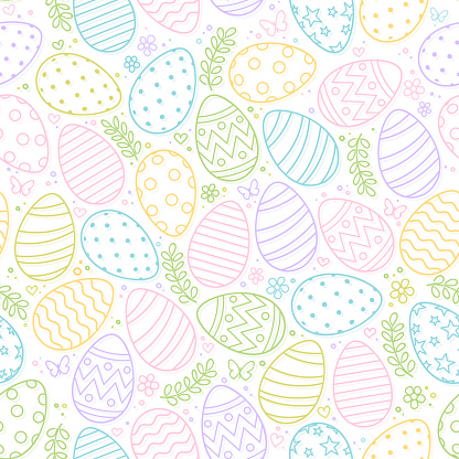 Seamless pattern of Easter eggs, flowers and butterfly on white background