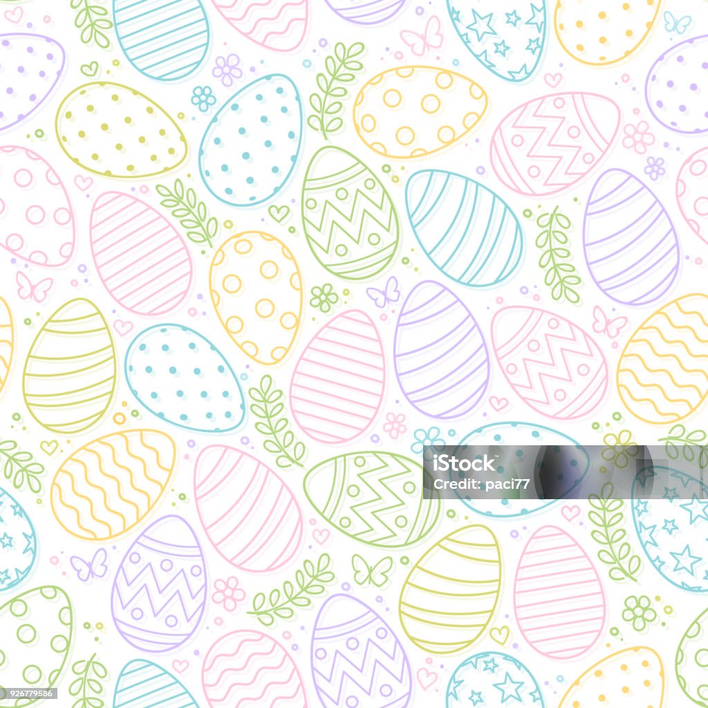 Seamless pattern of Easter eggs, flowers and butterfly on white background Easter stock vector