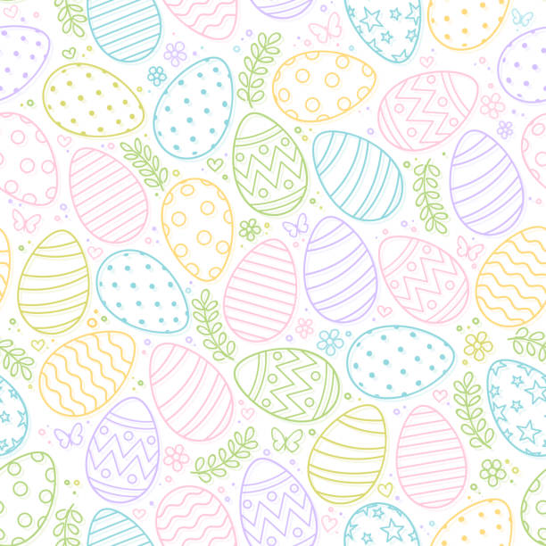Seamless pattern of Easter eggs, flowers and butterfly on white background Seamless pattern of Easter eggs, flowers and butterfly on white background easter background stock illustrations