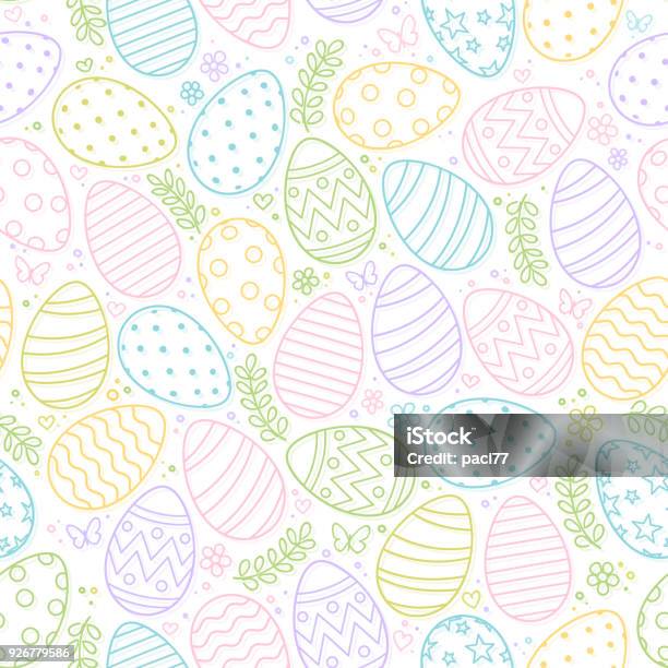 Seamless Pattern Of Easter Eggs Flowers And Butterfly On White Background Stock Illustration - Download Image Now