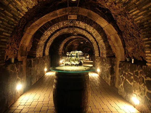 Wine barrels in the old cellar of the winery.