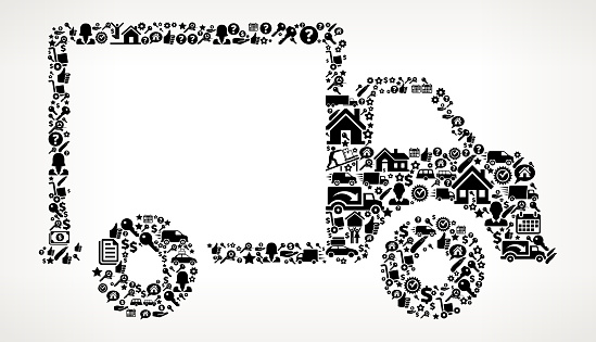 Delivery Truck Moving and Relocation Icon Pattern. This black and white Movers and Moving Background has the main object composed of various icons. The icons vary in size and form a seamless pattern to completely fill the main object. The individual icons include such popular moving ions as a moving truck, movers, new house, house key and many more popular icons ideal for moving industry. The background has a slight gradient.