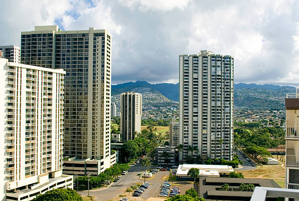 The city of Honolulu on Oahu as viewed from a high rise condo building.  Pacific island life.