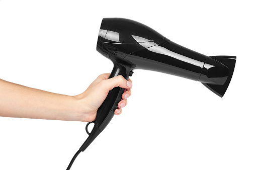 Black Plastick Hair Dryer With Pink Buttons In Hand Isolated On White  Background Home Appliance Heat Air Blower For Salon Stock Photo - Download  Image Now - iStock