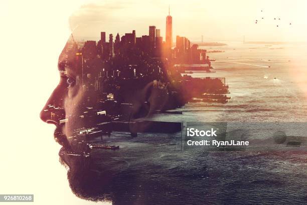 New York City Mind State Concept Image Stock Photo - Download Image Now - Multiple Exposure, Futuristic, City