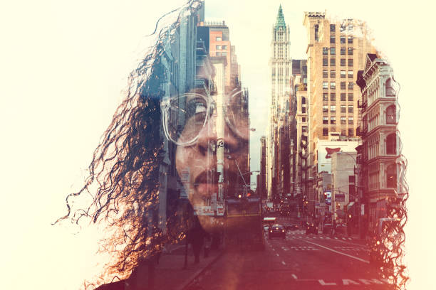 New York City Mind State Concept Image The profile of a woman's head, a New York City skyline double exposed with the image.  A conceptual depiction of smart cities, and the people who shape them. mid atlantic usa photos stock pictures, royalty-free photos & images