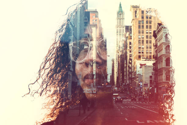 New York City Mind State Concept Image The profile of a woman's head, a New York City skyline double exposed with the image. A conceptual depiction of smart cities, and the people who shape them. layered artwork stock pictures, royalty-free photos & images